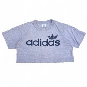 True Vintage Adidas Trefoil Logo Spellout Cropped Tee Gray Blue T Shirt Football